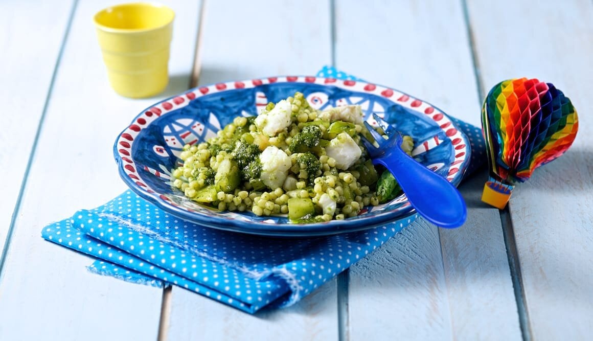 Fregola sarda con Merluzzo Norvegese, pomodori verdi, sedano e pesto di basilico