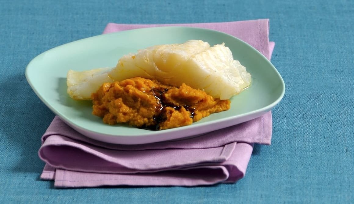 Trancio di Stoccafisso di Norvegia con purea di zucca e aceto balsamico