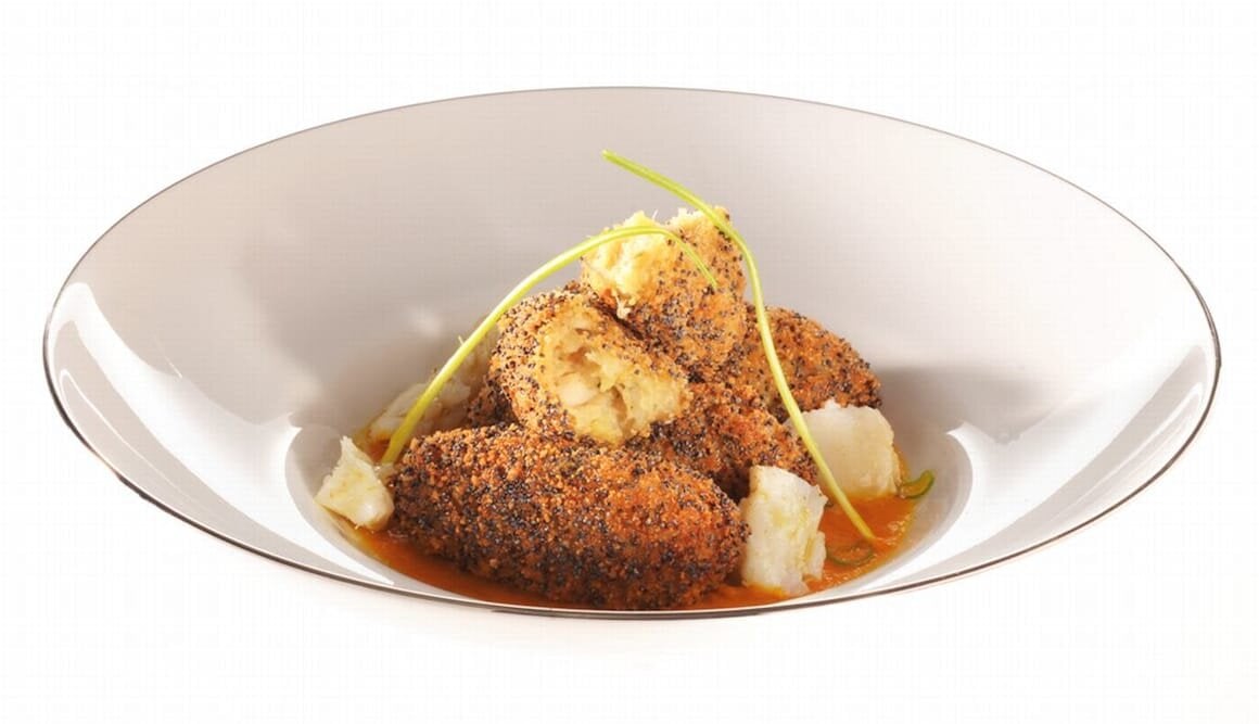 Crocchette di Stoccafisso di Norvegia, patate in crosta e purea di porri