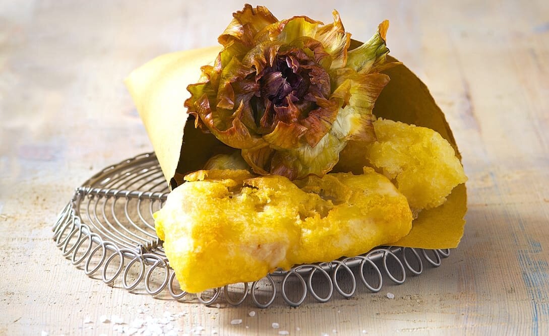 Baccalà di Norvegia in pastella con carciofi