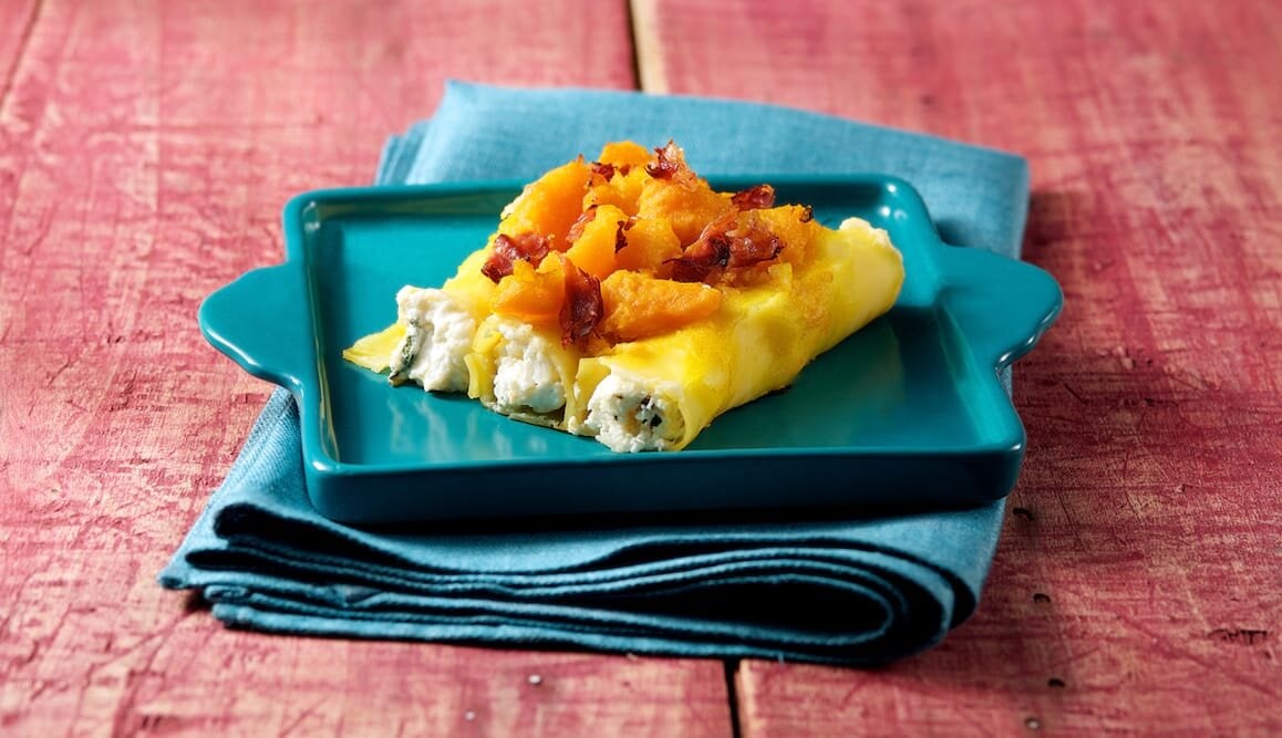 Cannelloni ripieni di Stoccafisso di Norvegia e ricotta con zucca e speck