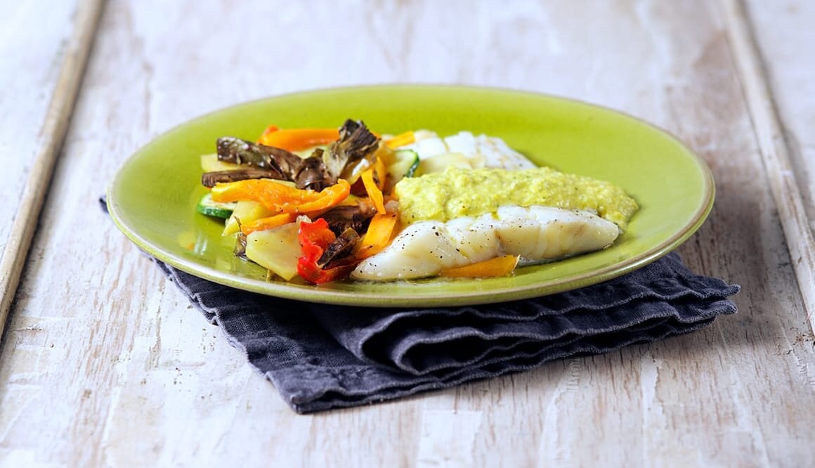 Stoccafisso di Norvegia al forno con verdure e salsa di agrumi