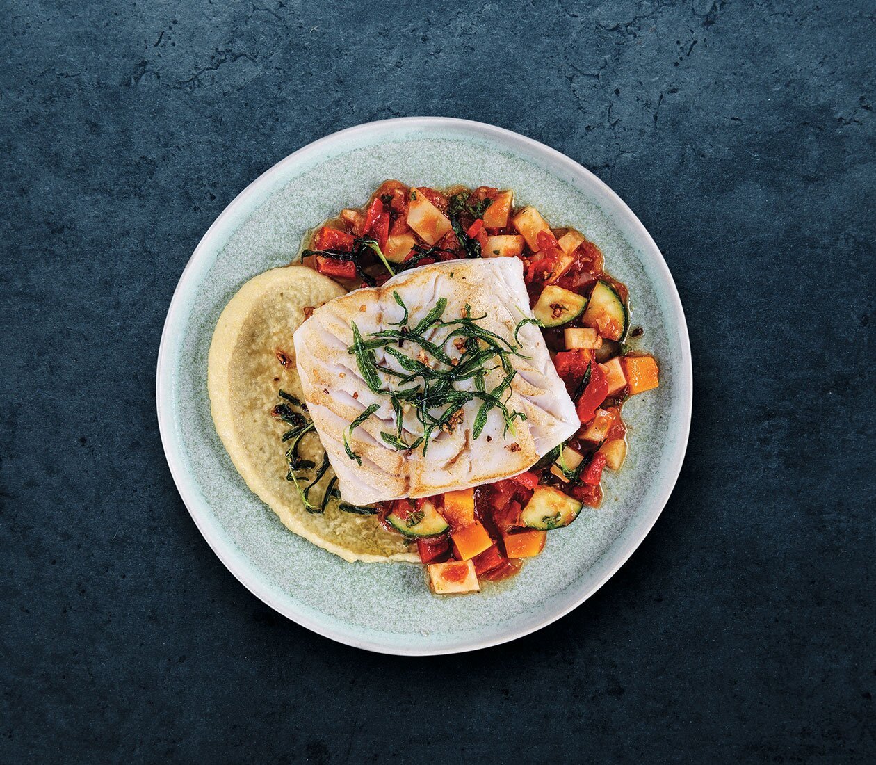 Skrei norvegese con polenta e ratatouille