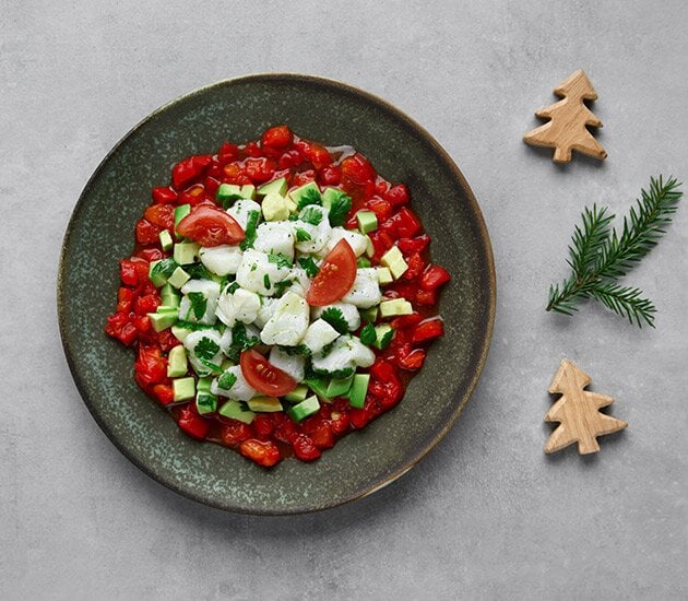 Tartare di baccalà norvegese, peperoni e avocado